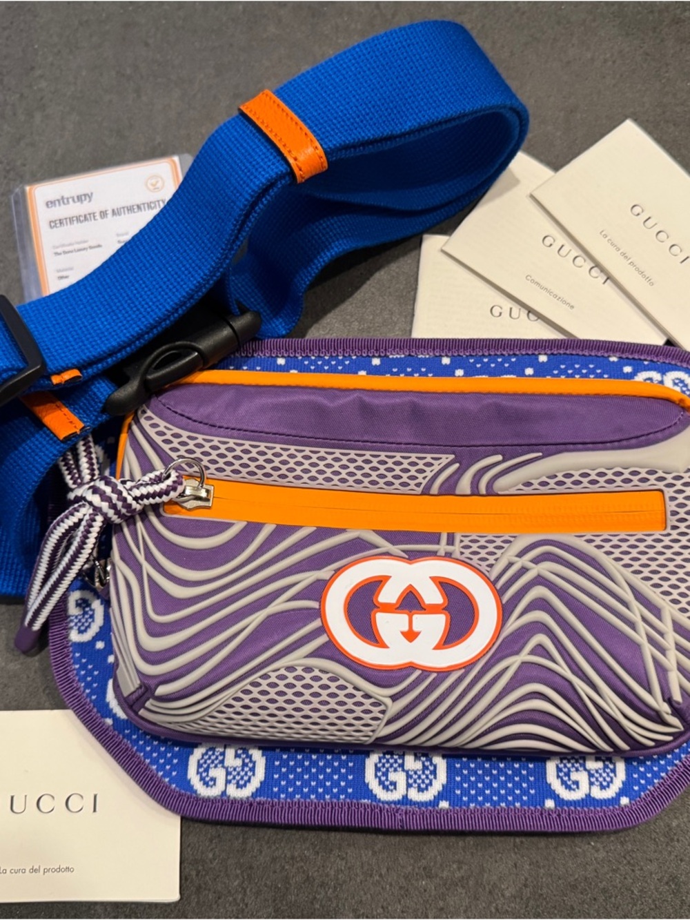 Gucci Blue, Purple & Orange Knit Zip Belt Bag